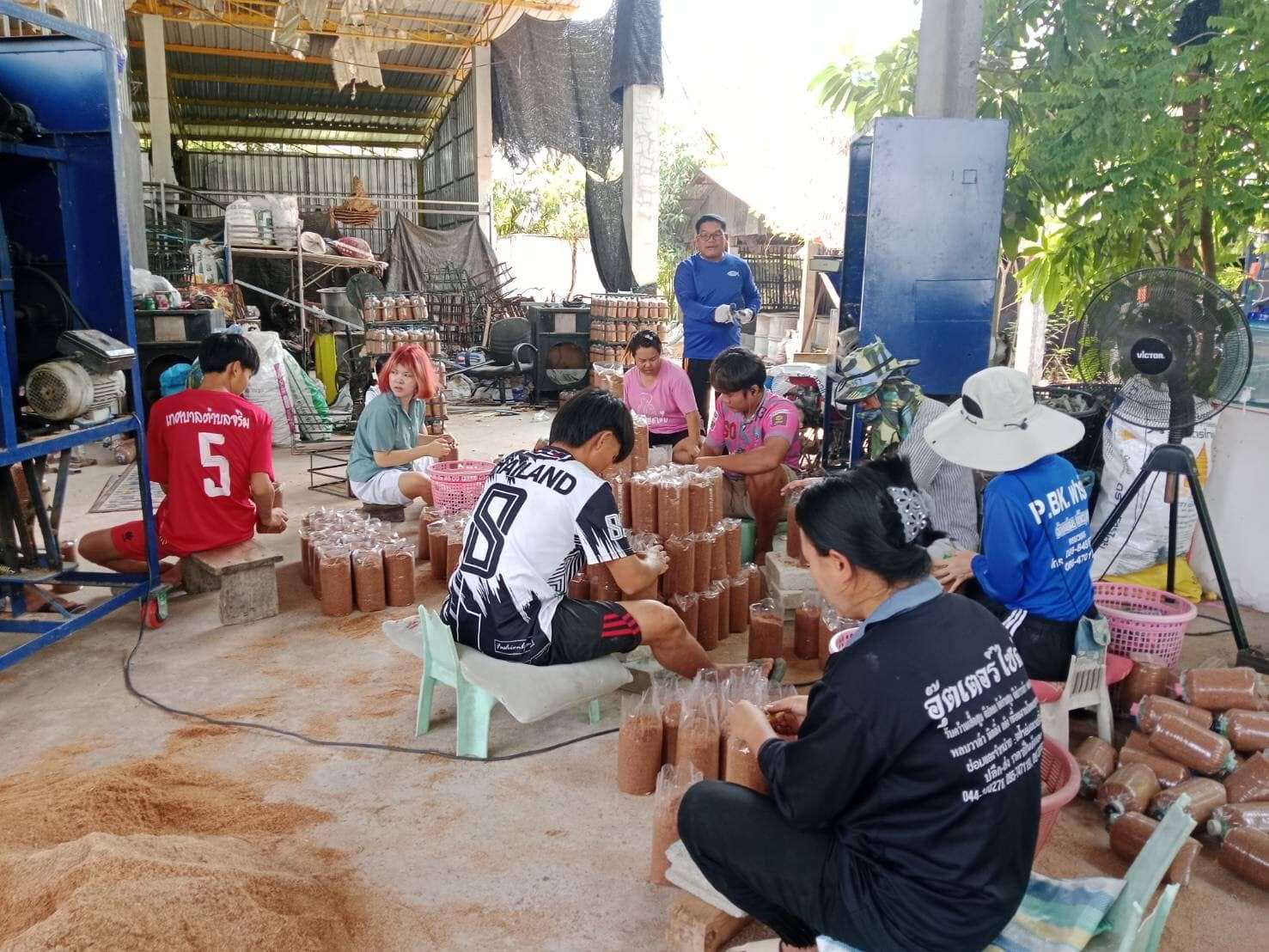 The youngsters joined together to help press the mushroom blocks.
