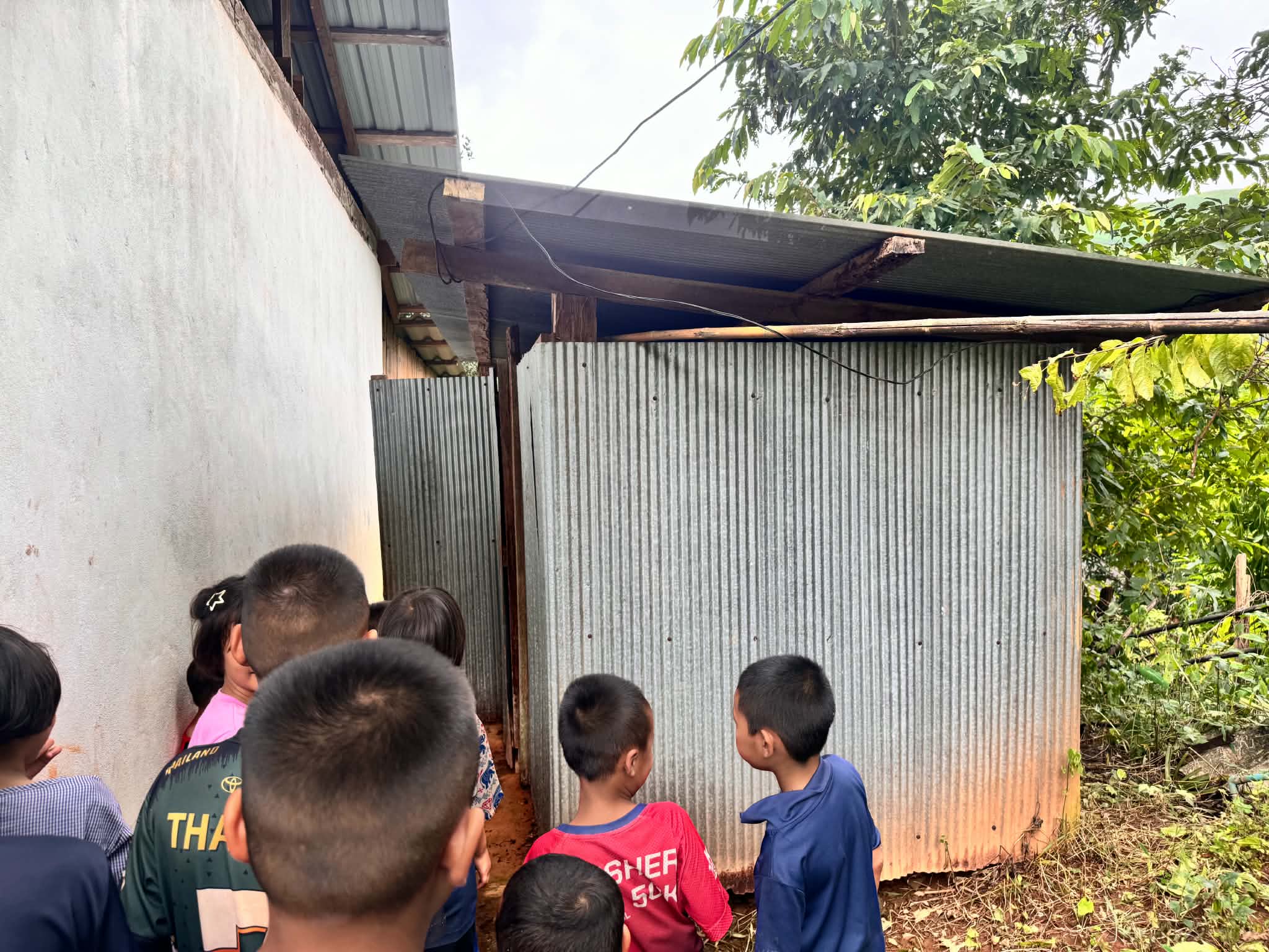 Queueing to use the restroom.