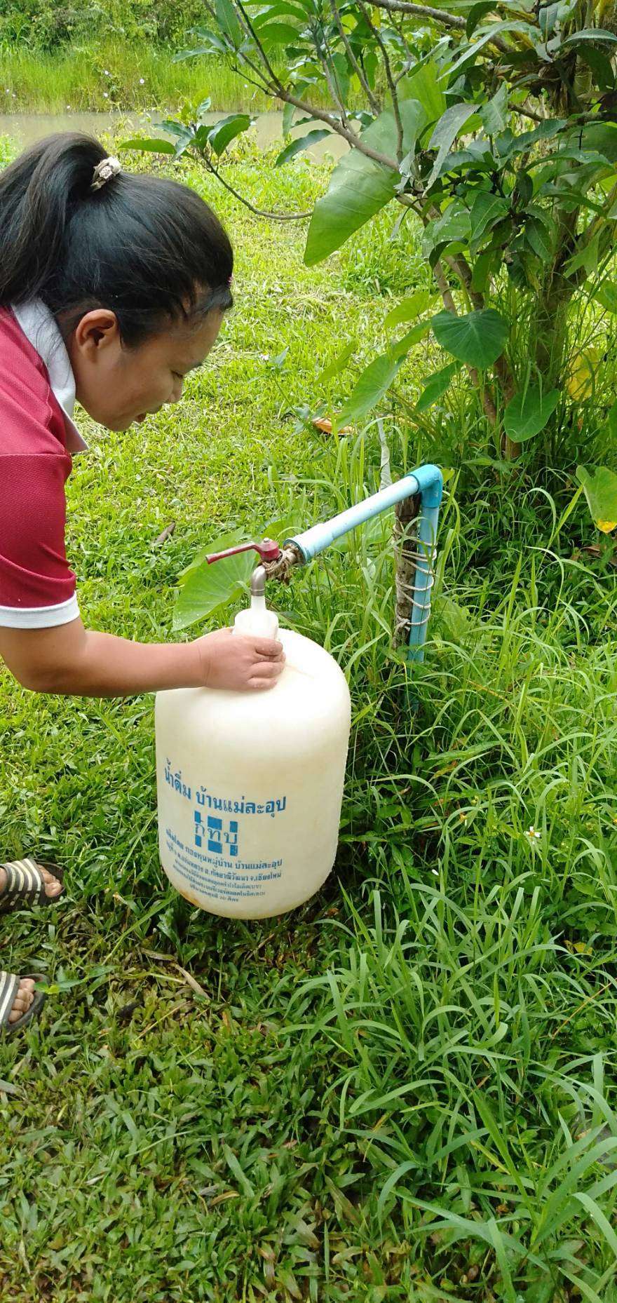 Children scoop water from a village tap that is not filtered.