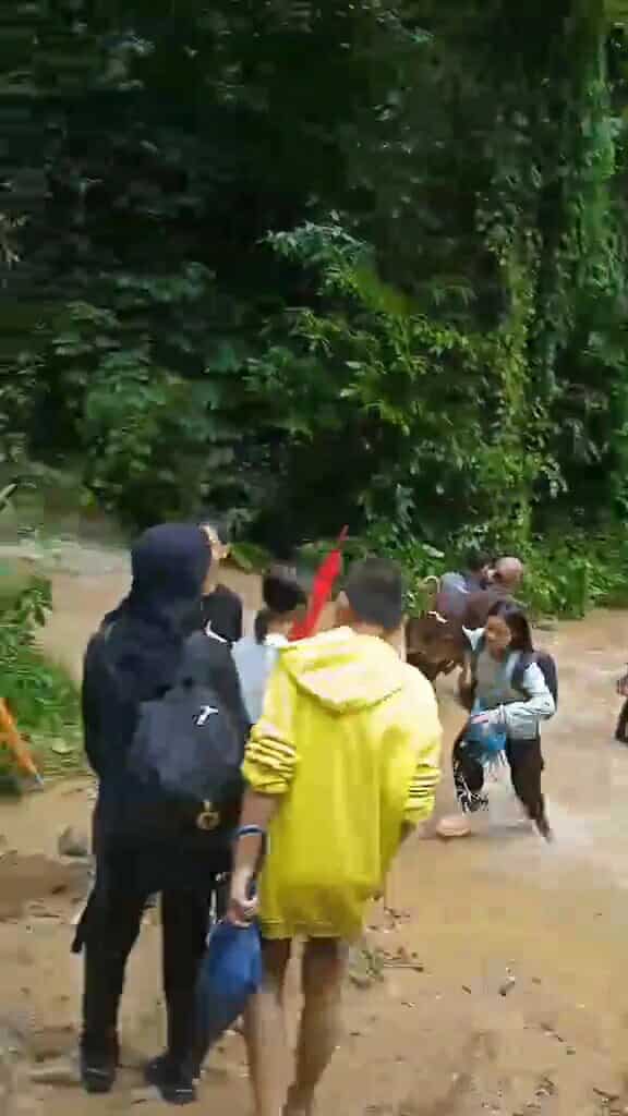A group of people and children walking and waiting to cross after school