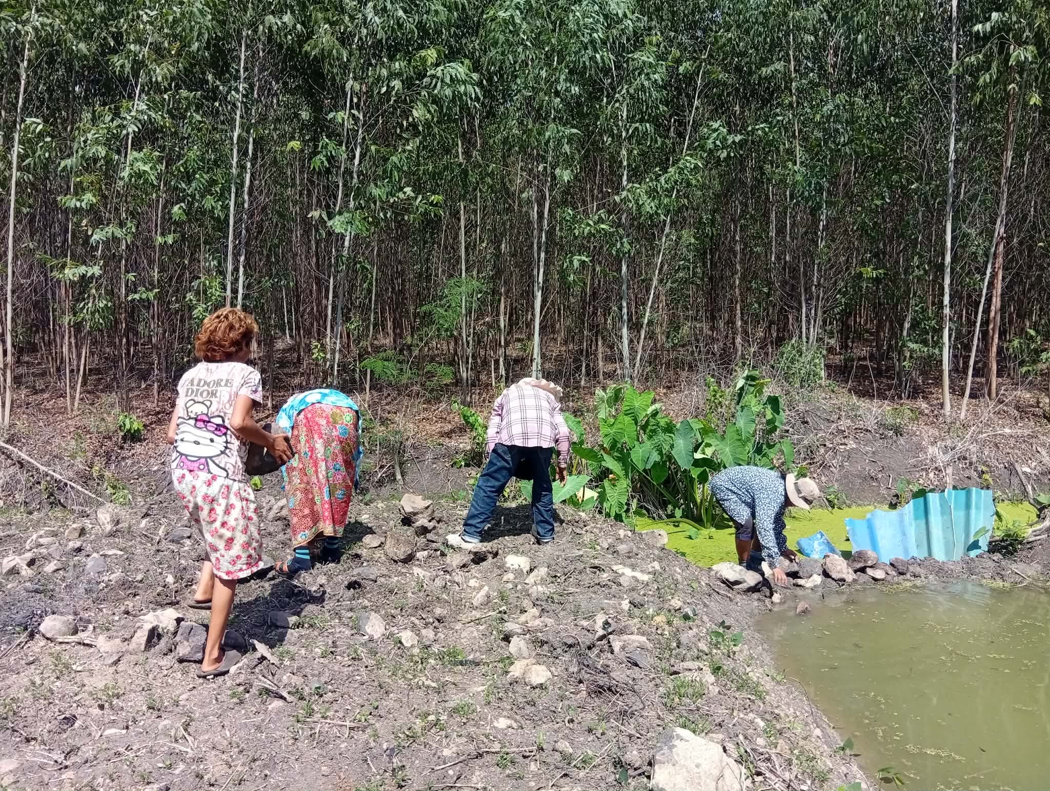 Women and children from the community worked together to build a dam.