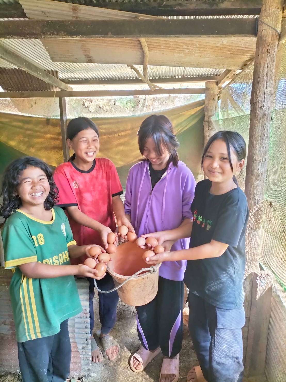 Children learn skills in raising laying hens.