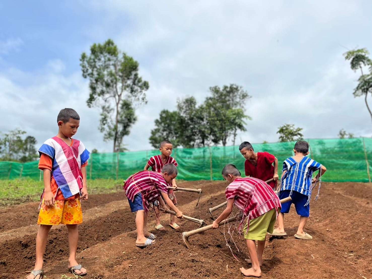 Children are preparing the soil for planting vegetables.