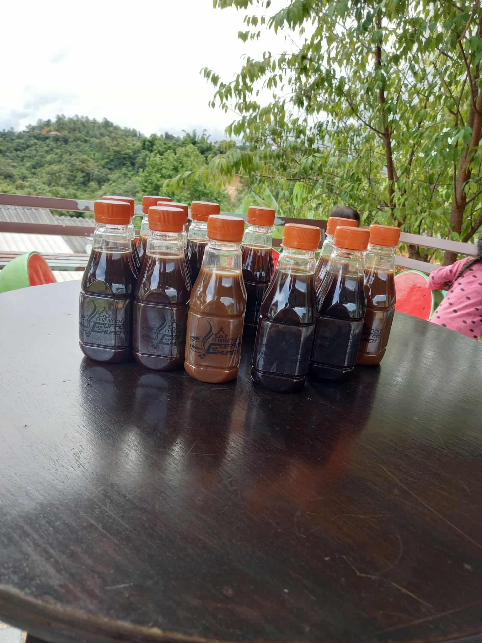 Freshly brewed coffee in a bottle.
