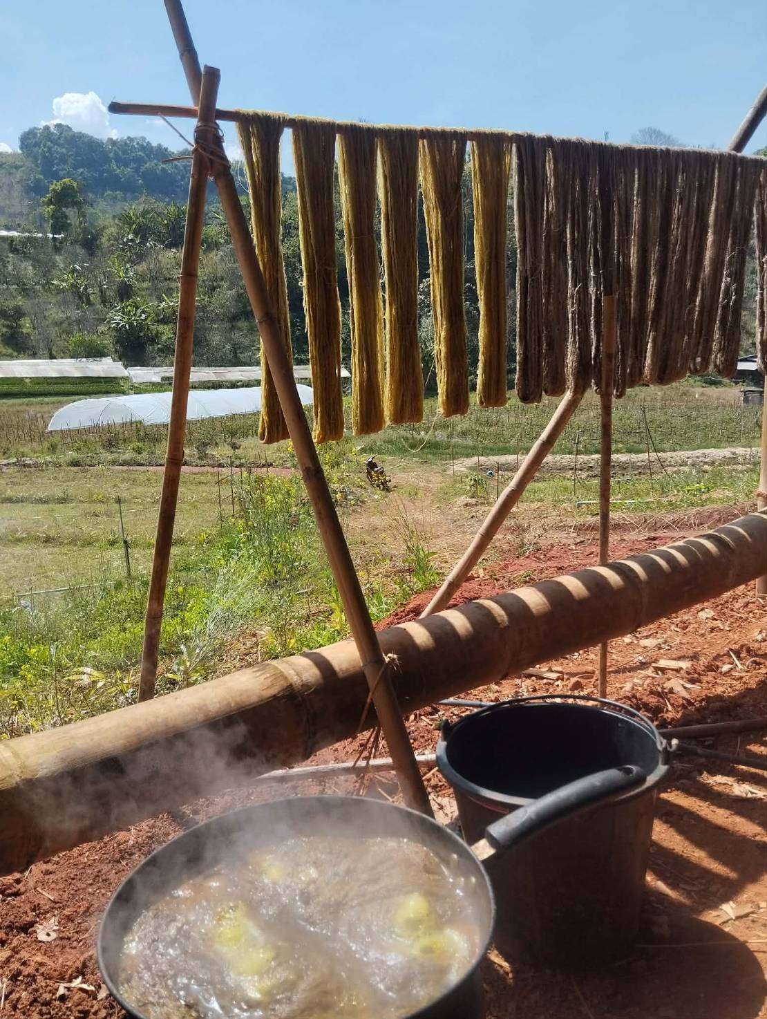 The dyed yarn is then hung to dry.