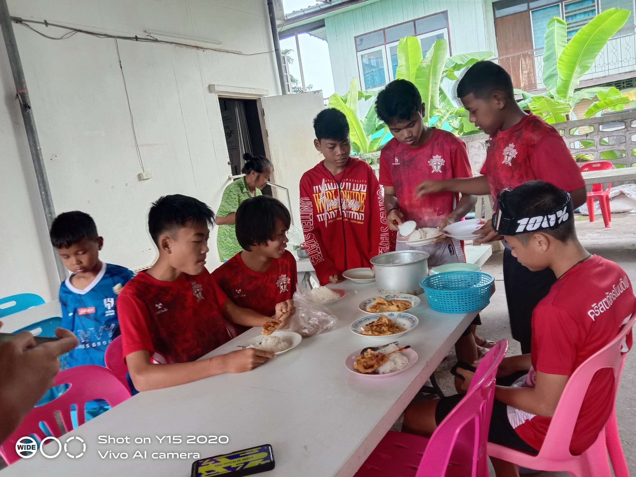 The football team had a meal together.