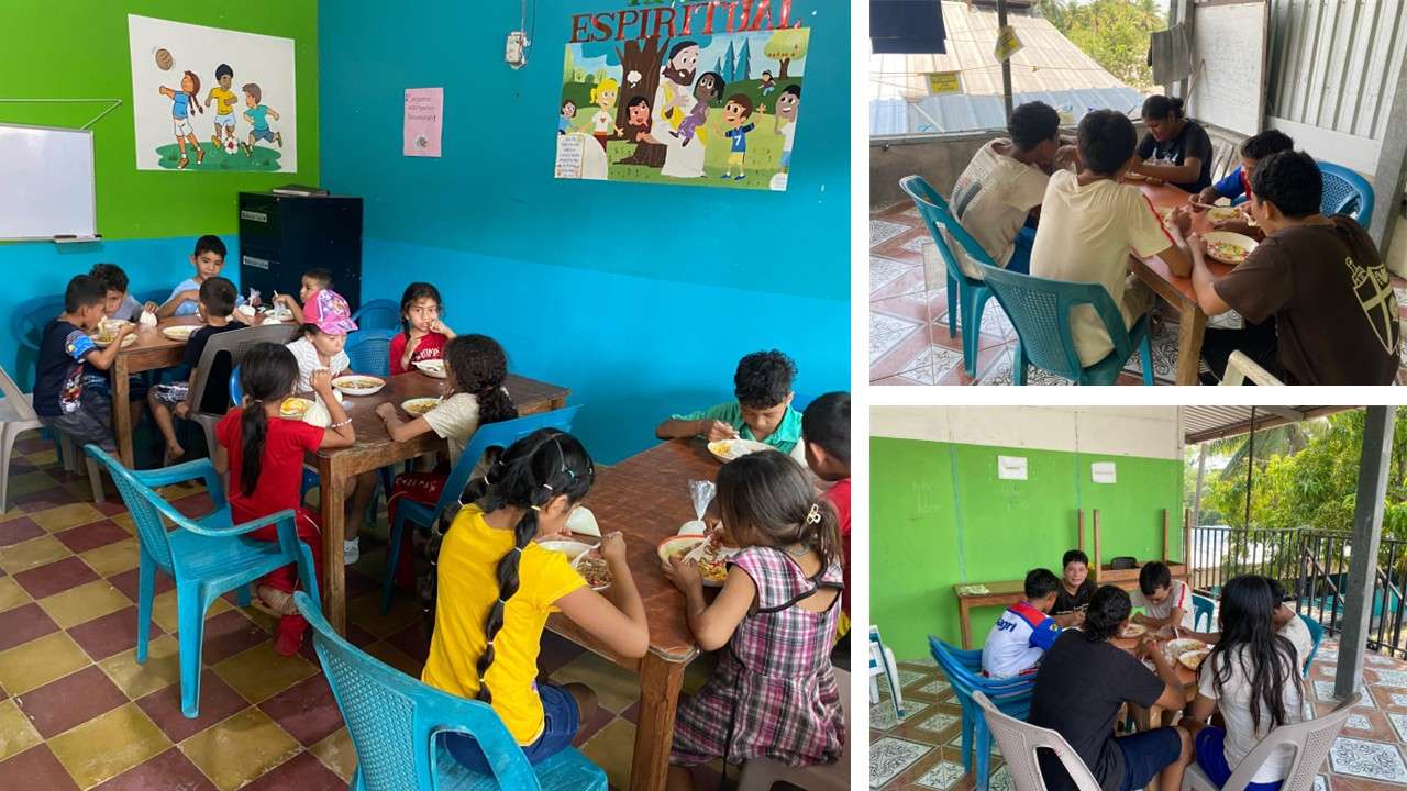 Participants eating in classroom and improvised space